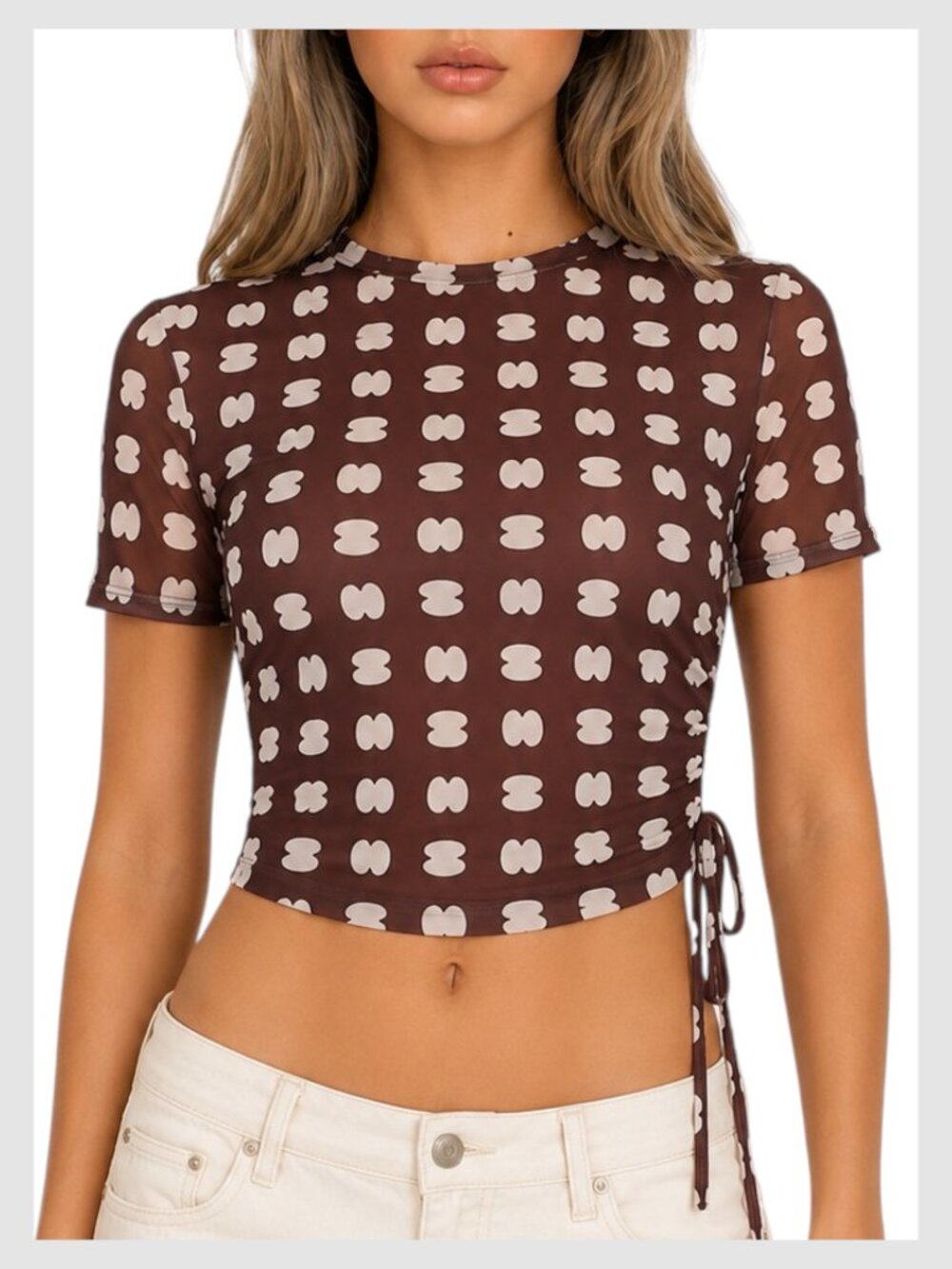 White Fox Boutique Crop Top Brown Cream Ruched Side Tie XS